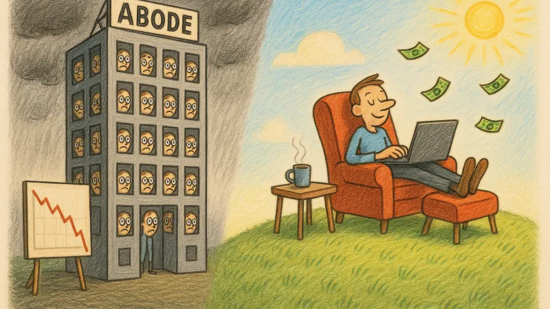Glum workers stare from the windows of the grey ABODE office tower beside a falling stock chart, while a contented coder works from a comfy armchair on a sunny hill with a coffee at their side.
