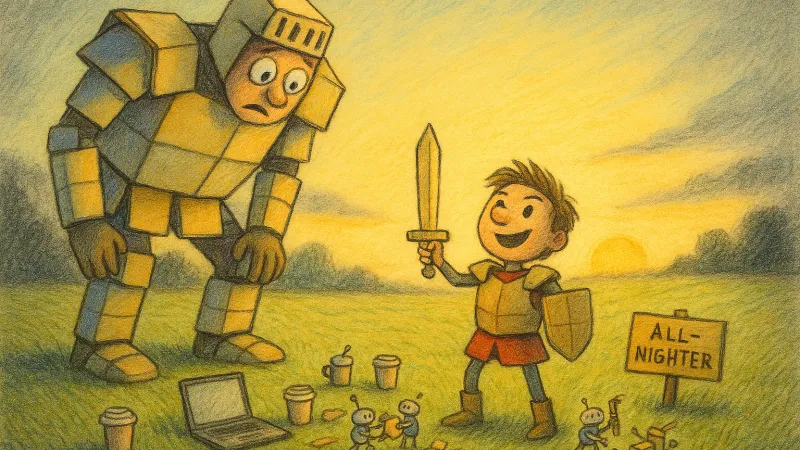 Goliath in armour made of software boxes stares at a creator in cardboard armour