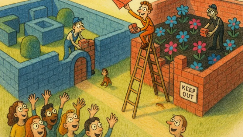 Two walled gardens with a creator passing a paper aeroplane over the wall