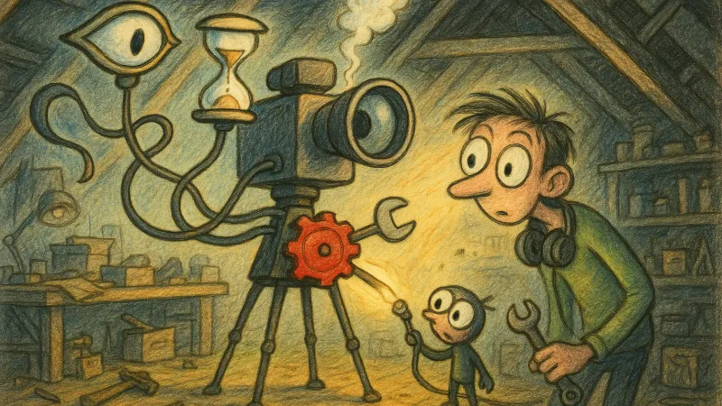 A video creator follows three quirky gauges whose needles all converge on one loose red cog in a wobbly camera contraption.