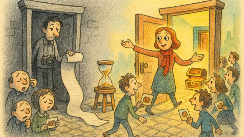 Two video creators stand at rival doorways: one blocks his with a long rambling scroll while viewers wander off, the other steps aside to reveal the promised treasure as viewers rush in.