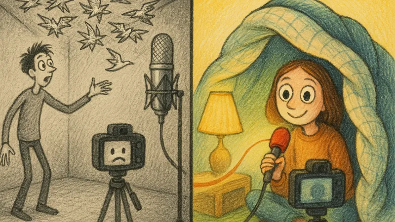 One creator's words bounce chaotically around a bare room far from a fancy microphone, while another records cosily in a blanket fort with a small mic held close.