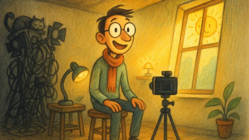 A video creator is lit by a sunny window and a small lamp while a dusty pile of unused studio gear sits forgotten in the corner.