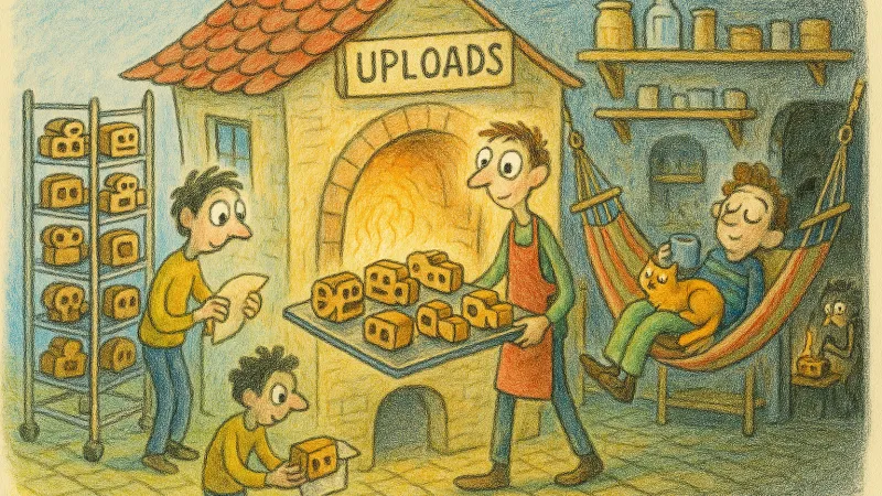 Creators bake video-reel loaves in batches, stock up cooling racks as a buffer and nap in a hammock, while a frazzled figure in a gloomy doorway burns a candle at both ends.