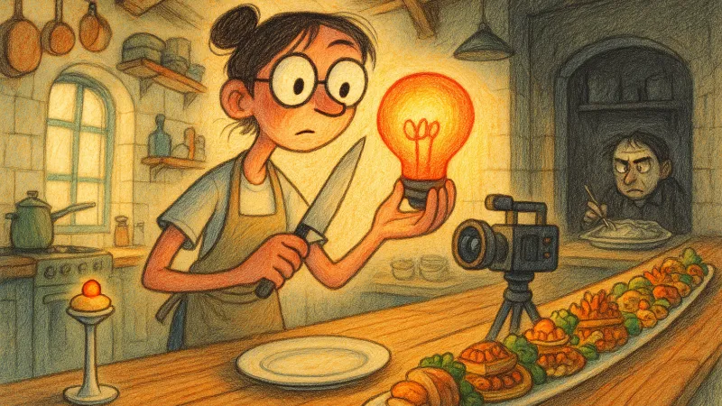 A creator-chef weighs a glowing idea between a bite-sized canapé plate and a long banquet platter, while a suspicious diner prods a plate of reheated leftovers in the corner.