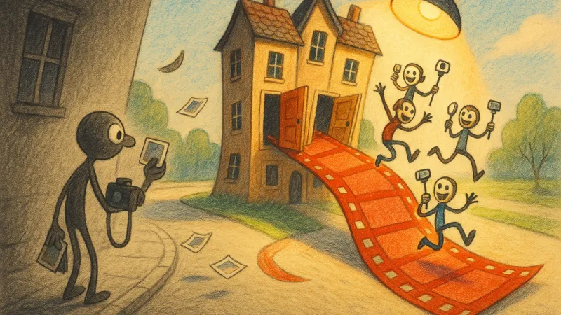 Video creators slide happily down a red film strip pouring out of two houses' front doors under a bright spotlight, while a photographer with a photo album is left standing in the shade.