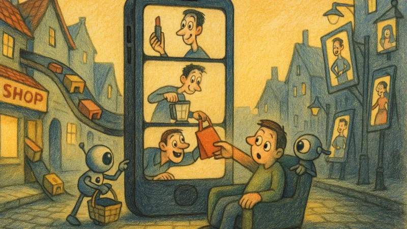 Video creators lean out of a phone-shaped kiosk of scrolling frames to hand shopping bags straight to a viewer on a sofa, helped by a little robot assistant.
