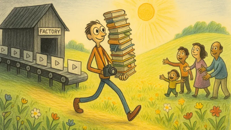 An expert carrying a stack of books past a conveyor belt of identical videos