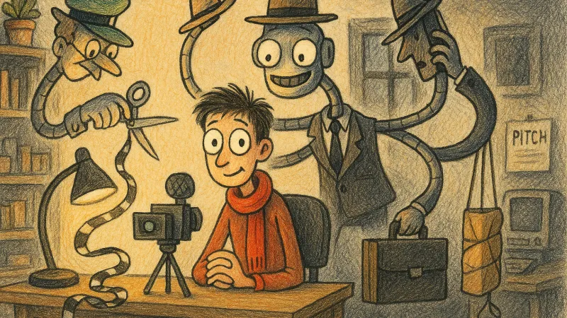 A video creator sits at their desk while a many-armed robot edits their film, pitches deals on the phone and squeezes into their shot as co-host.