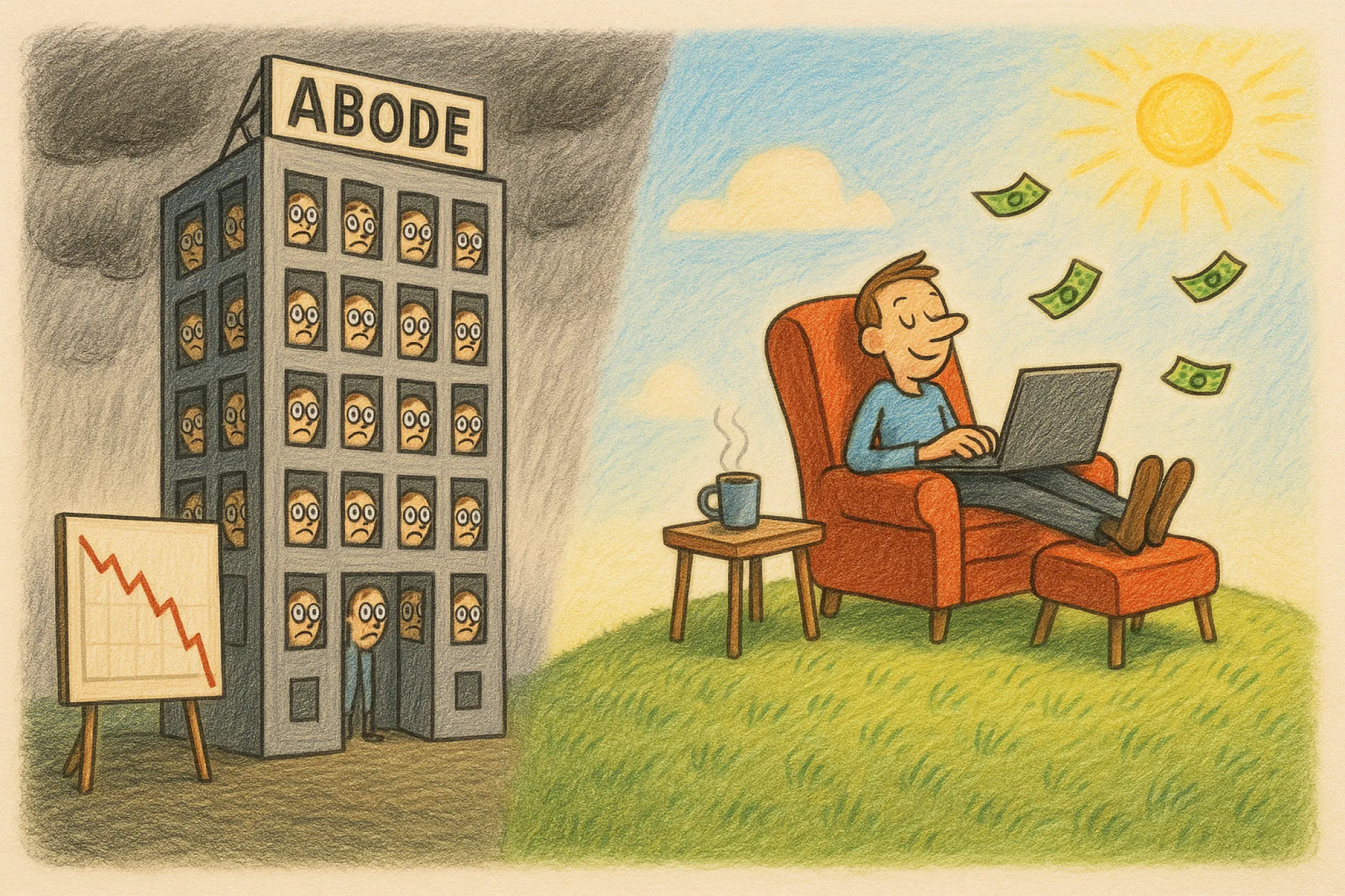 Glum workers stare from the windows of the grey ABODE office tower beside a falling stock chart, while a contented coder works from a comfy armchair on a sunny hill with a coffee at their side.