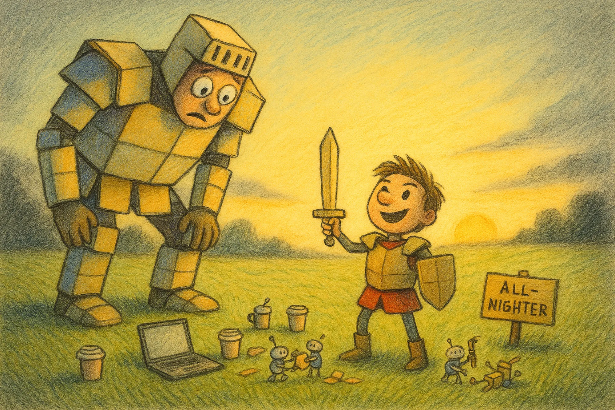 Goliath in armour made of software boxes stares at a creator in cardboard armour