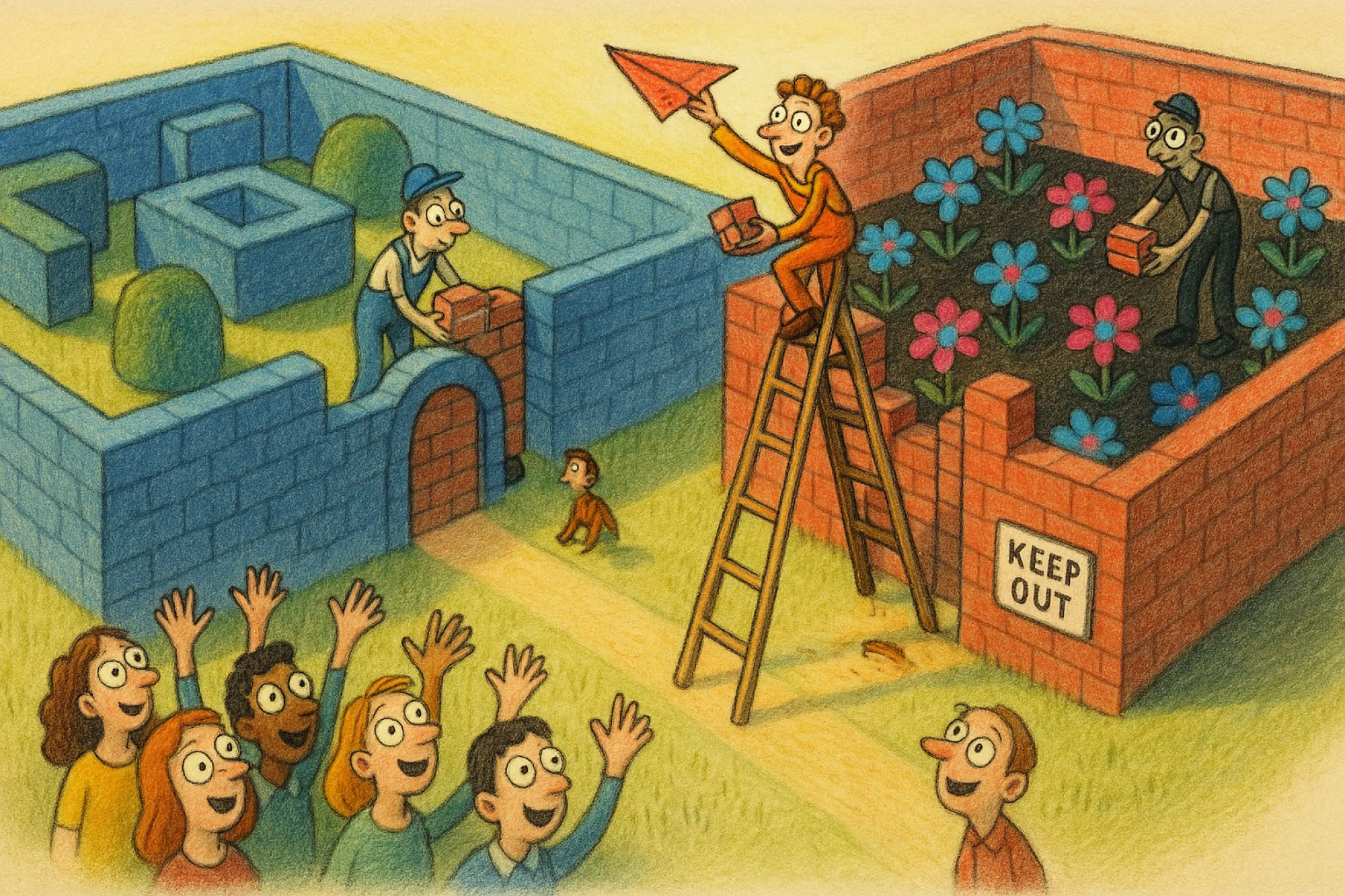 Two walled gardens with a creator passing a paper aeroplane over the wall