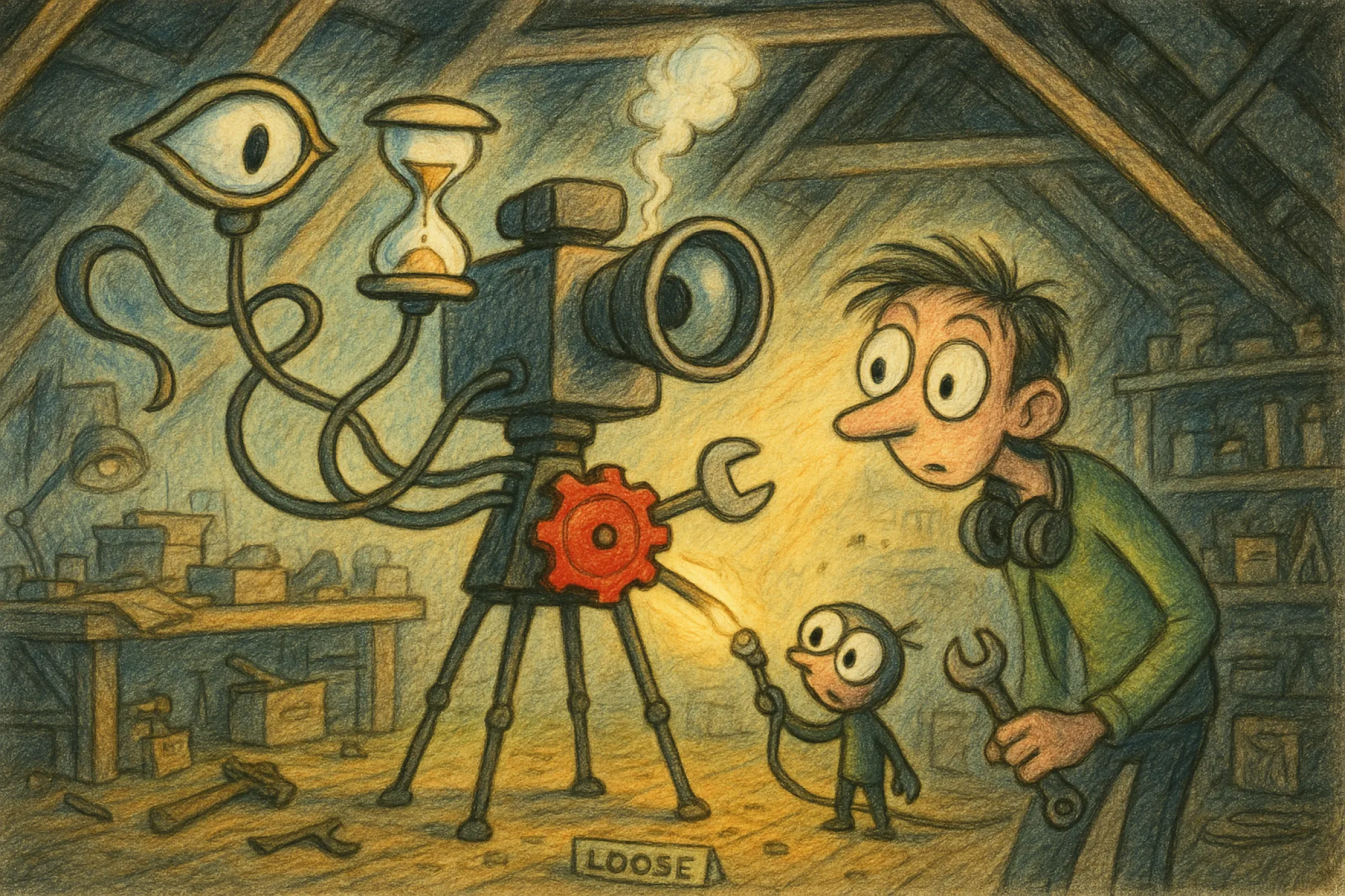 A video creator follows three quirky gauges whose needles all converge on one loose red cog in a wobbly camera contraption.