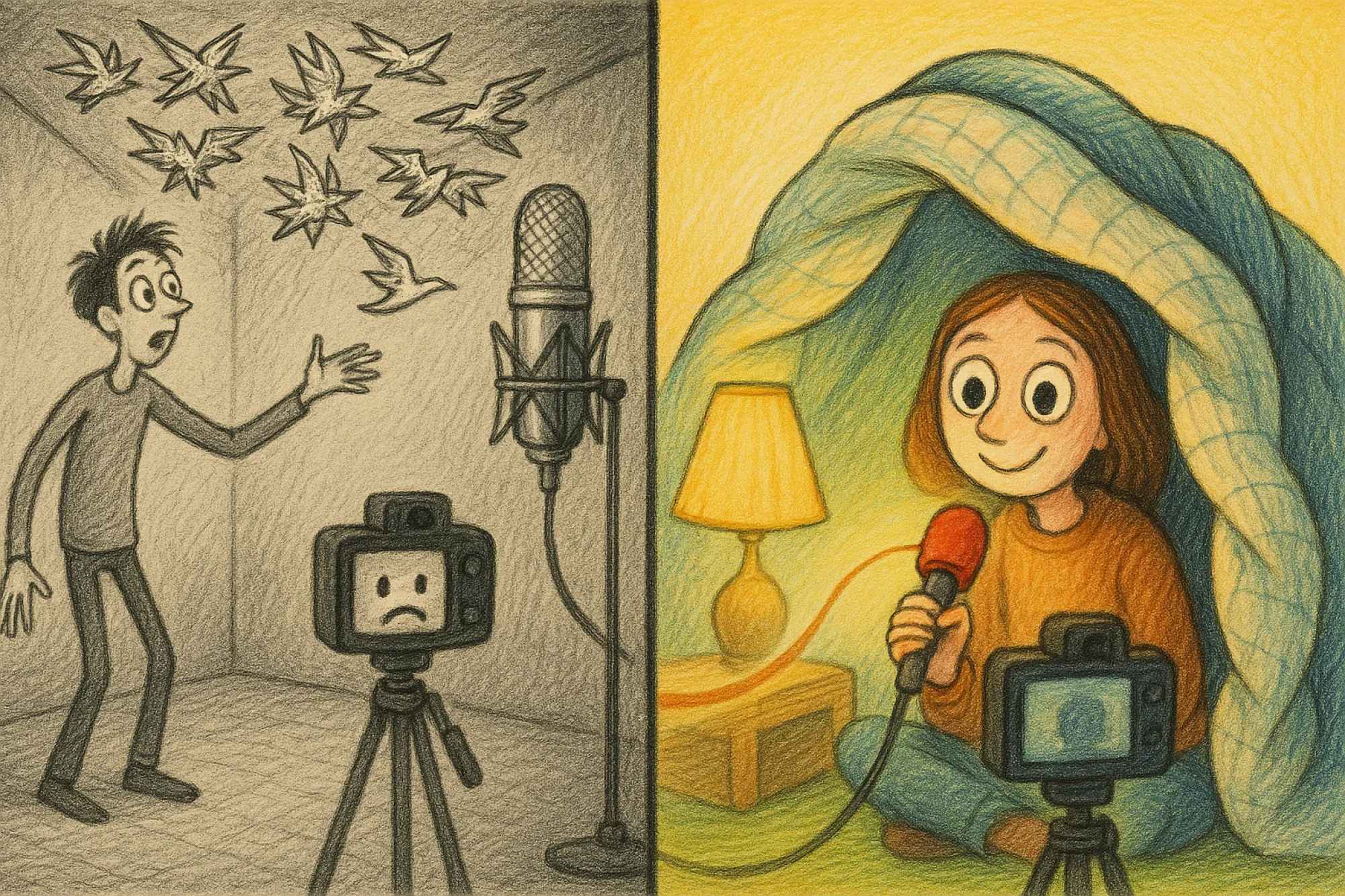 One creator's words bounce chaotically around a bare room far from a fancy microphone, while another records cosily in a blanket fort with a small mic held close.