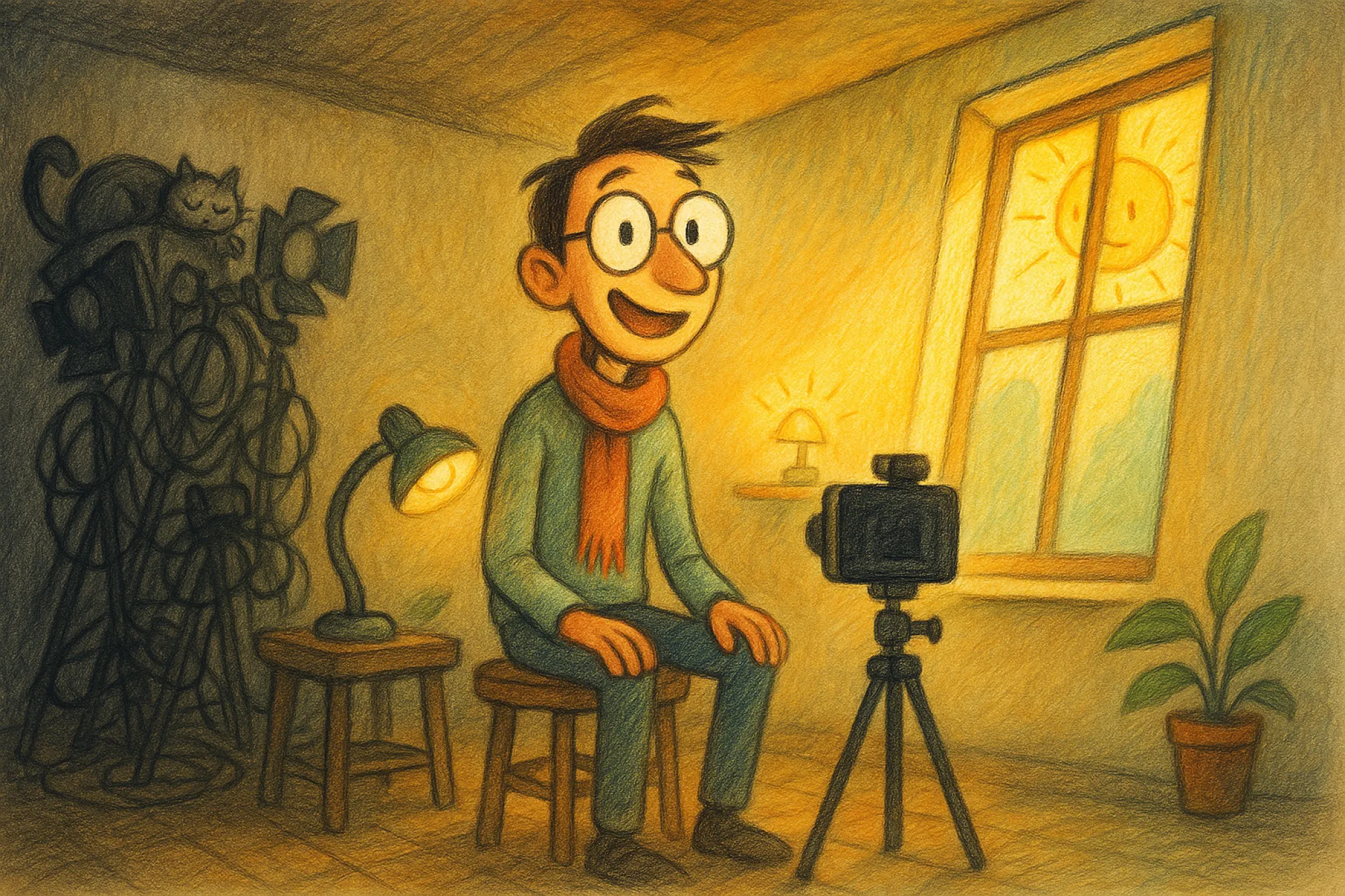 A video creator is lit by a sunny window and a small lamp while a dusty pile of unused studio gear sits forgotten in the corner.