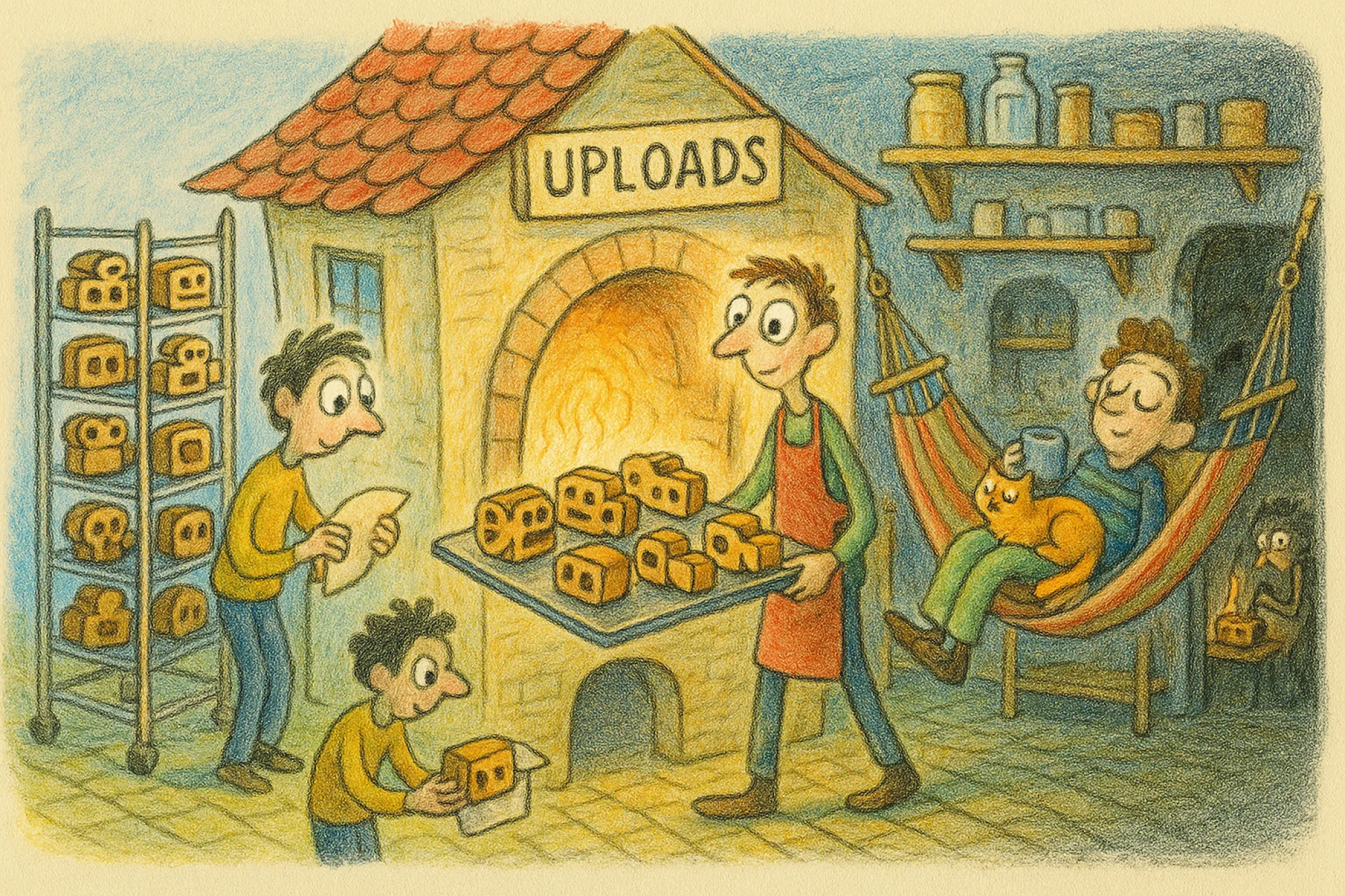 Creators bake video-reel loaves in batches, stock up cooling racks as a buffer and nap in a hammock, while a frazzled figure in a gloomy doorway burns a candle at both ends.