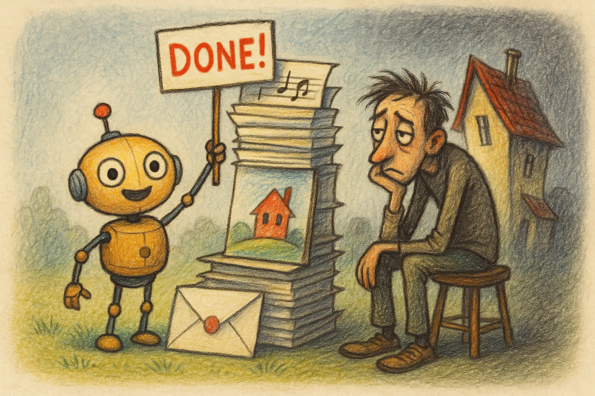 A cheerful robot gives a thumbs up beside a pile of finished chores while a bored creator slumps on a stool next to it.