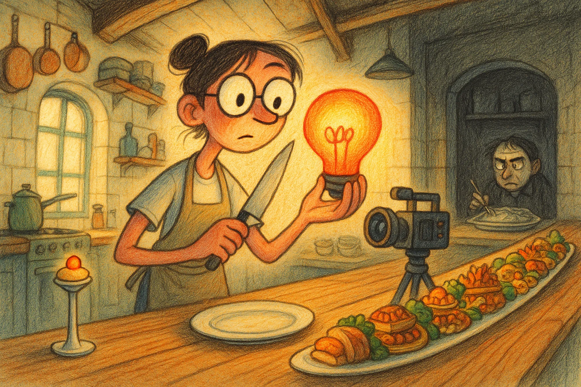 A creator-chef weighs a glowing idea between a bite-sized canapé plate and a long banquet platter, while a suspicious diner prods a plate of reheated leftovers in the corner.
