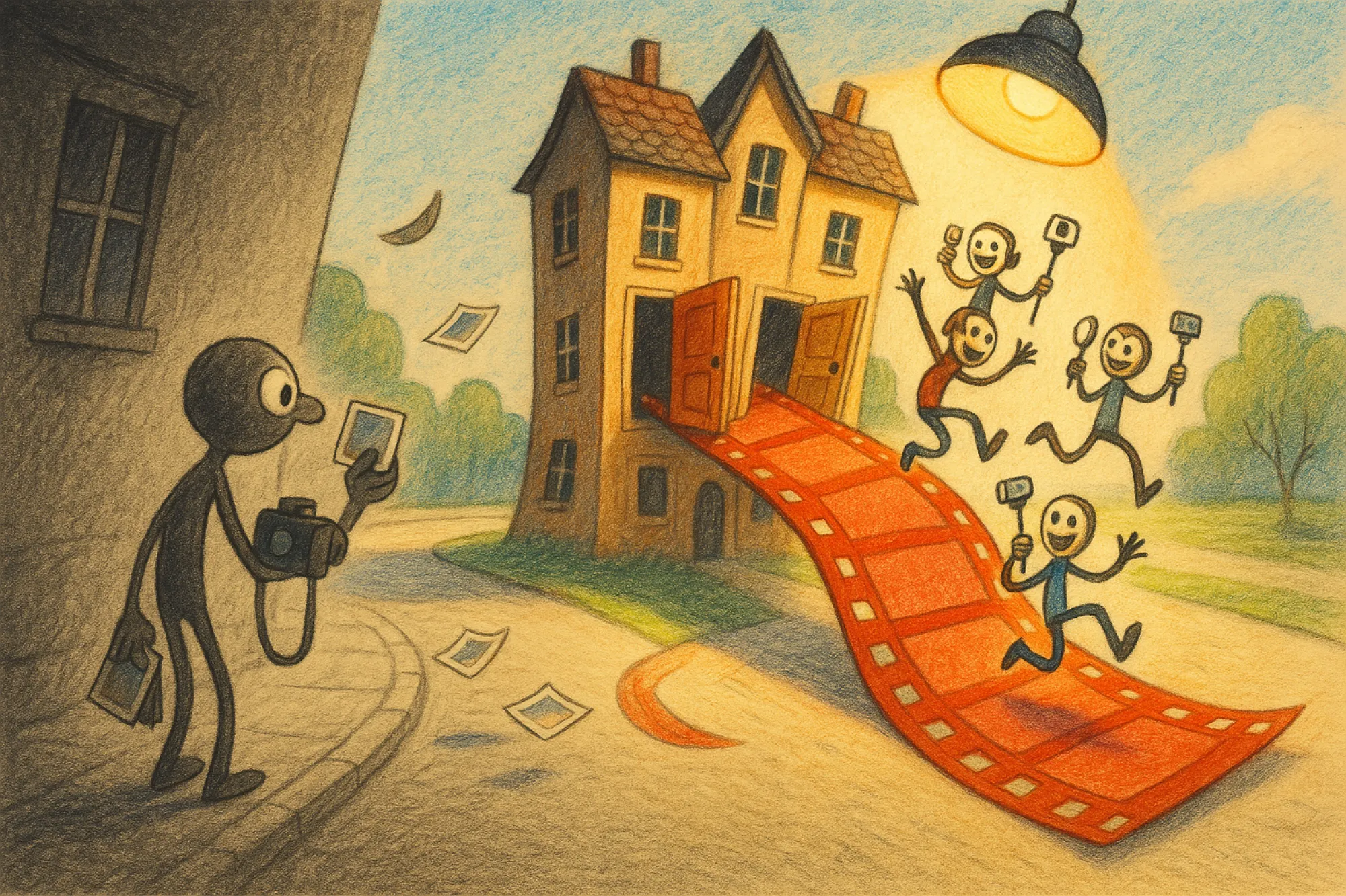 Video creators slide happily down a red film strip pouring out of two houses' front doors under a bright spotlight, while a photographer with a photo album is left standing in the shade.