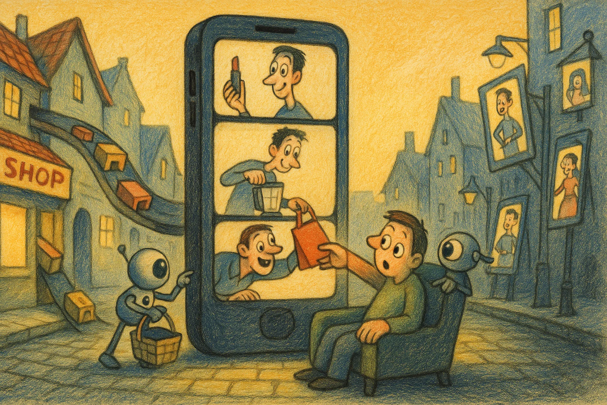 Video creators lean out of a phone-shaped kiosk of scrolling frames to hand shopping bags straight to a viewer on a sofa, helped by a little robot assistant.