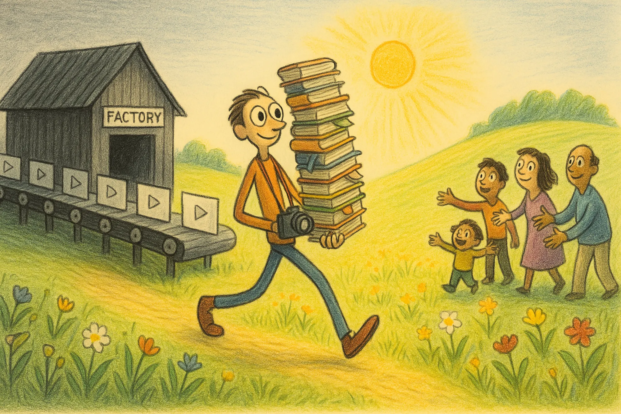 An expert carrying a stack of books past a conveyor belt of identical videos