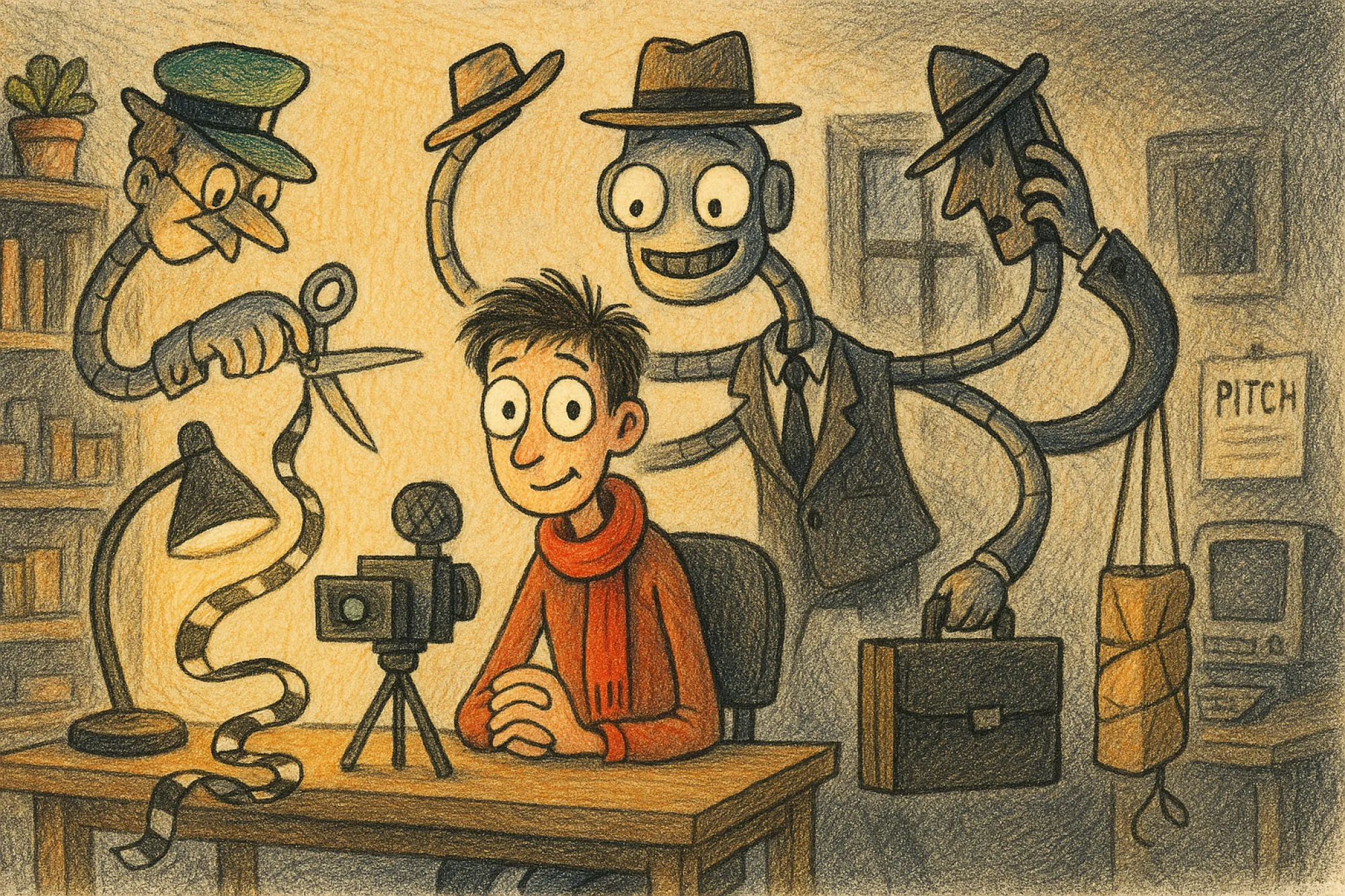 A video creator sits at their desk while a many-armed robot edits their film, pitches deals on the phone and squeezes into their shot as co-host.